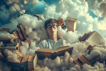 Wall Mural - guy among books and clouds