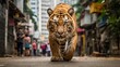 tiger walking the big city road. Generative AI