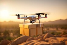 Emergency Drone Delivery Securely Transports Medicaments To Hospitals. Ambulance Courier Aid Doctors With Medical Supplies. Warehouse To Delivery Point Air Mobility Delivery Aerospace Medical Logistic