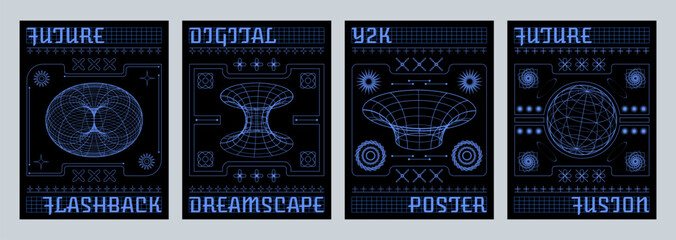 Poster - Poster and banner design template set in retro y2k aesthetic style with wireframe tunnel and sphere geometric shape on black background. Vector cyberpunk and techno cover with grid ornament figure.