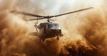 Wall Mural - A military helicopter maneuvers over the combat zone, showcasing its presence in the midst of action.