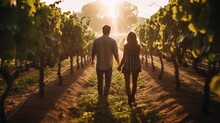 Rear View Of A Couple Strolling Through A Grape Plantation At Sunset. Autumn Harvest, Winery, Date And Lifestyle Concepts.
