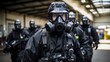 Gas mask-wearing officers assess a chemical leak in an industrial warehouse, Technicians in gas masks assess toxic spills in industrial warehouses.