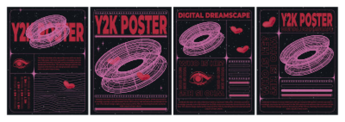 Poster - retro futuristic aesthetic flyers set. vector realistic illustration of y2k vibe black background po