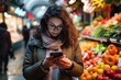 Woman multitasking: Shopping in the market while using her mobile phone generative ai
