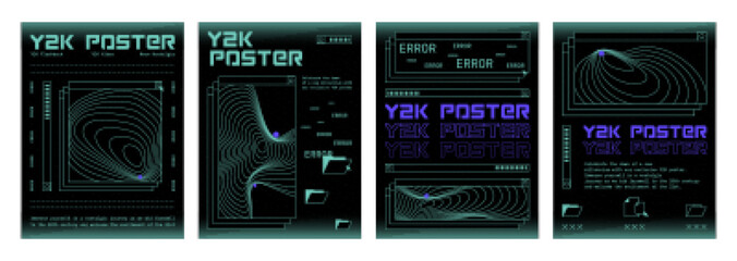 Poster - Retro futuristic y2k aesthetic poster design template with acid grid psychedelic geometry pattern and text elements on black background. Vector cyberpunk banner layout set. Tech or cyberpunk cover.