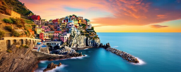 Wall Mural - Panoramatic view of colorfull town, coast in  Cinque Terre, Liguria, Italy. Sunny day. Generative ai