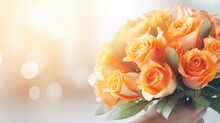 A Bouquet Of Yellow, Orange Roses In Women's Hands For Congratulations On Mother's Day, Valentine's Day, Women's Day. Blurred Background.