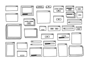 vector set collection of hand drawn ui user interface outline doodle drawing black and white with blank window, loading bar, search bar, and stacked window