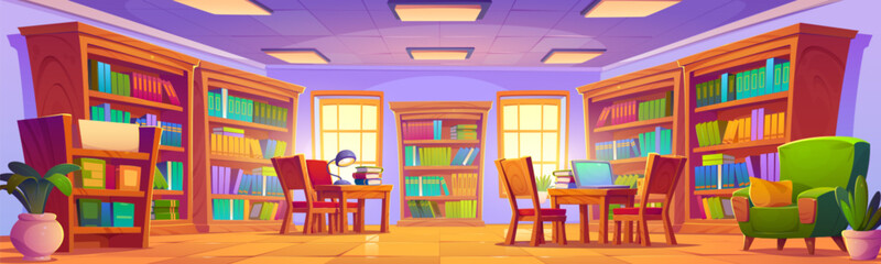 Wall Mural - School public library or bookshop interior with wooden cabinet with paper book rows on shelves, desk with stack of literature and lamp, chairs and armchair, flower in pot. Cartoon vector illustration.