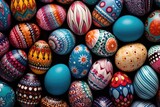 Fototapeta Tęcza - Easter eggs background. Each egg is uniquely decorated with different patterns and colors