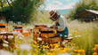 Apiaries and a beehive in the meadow. Selective focus.
