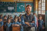 Fototapeta  - Smiling male teacher in class looking at camera, students studying, Teachers' Day, Children's Day, primary school students, middle school students,rural teacher