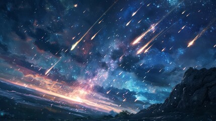 Poster - Cartoon Illustrate of meteor shower in the starry night sky. Stars Sky cartoon background.