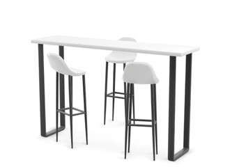 Booth high table and three chairs made from white plastic top and black legs. Cafe or exhibition display bar counter with stools. Realistic vector of empty furniture for advertising product show.