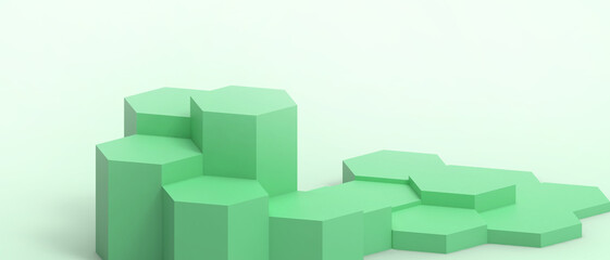 Aufkleber - 3D Abstract podium showcases green hexagonal geometric shapes in a green background in a Promotional idea for businesses for health in the online market and dietary supplement innovation. 3d Rendering