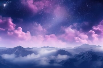 Milky Way and pink light in mountainous night landscape