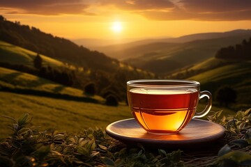 Wall Mural - A cup of tea on the table with a beautiful sunset view in the background. generative AI