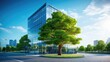 Eco-friendly green office building, modern style, sustainable glass office building to reduce carbon dioxide, AI generated photo, copy space for text