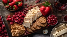 Cheese Plate With Crackers, Strawberries And Pomegranate. AI.
