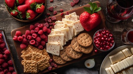 Cheese plate with crackers, strawberries and pomegranate. AI.