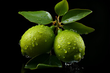 Green organic lemons on dark background.