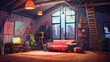 © Pixel Pine - Loft flat living room interior illustration in cartoon style. Bright colors, empty room scene for game background