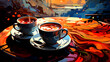 A Abstract Cups Full Of Expresso In Background, Art Style