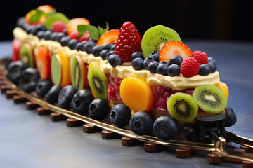 Dessert shaped like a train, made with small cake carriages and fruit cargo