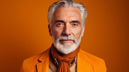 Wall Mural - Elegant smiling elderly blond Caucasian with gray hair with perfect skin, on orange background, banner.