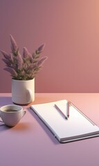 Canvas Print - Notebook, pen, cup of coffee and plant on pink background 3d illustration. Generative AI.