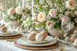 Easter table setting with eggs and spring flowers. Interior design concept with place for text for holiday decoration and home design
