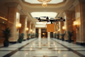 Canvas Print - Package drone delivery, autonomously unsurveillance. Aviators steer cardboard devices, business shipping. Horizontal flight capabilities, electronic navigation, trade efficient and flying deliveries.