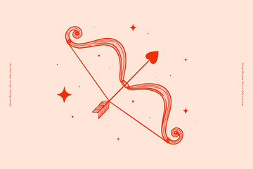 Red bow and love arrow in the stars. Symbol of romantic love and wedding in linear style. Valentine's day vector illustration. Atribute of Cupid - the god of love.