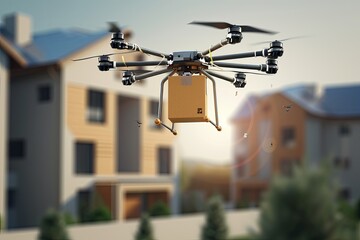 Wall Mural - Cardboard boxes, fabrication, unit employing smart UAV parcel delivery drone helicopter technology emerges. Unsupervised service revolutionizes industry, efficient packaging and delivery solutions.