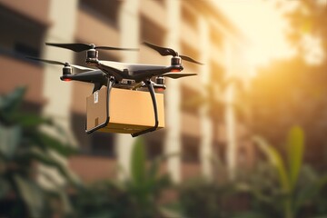 Wall Mural - Cardboard boxes, fabrication, unit employing smart UAV parcel delivery drone helicopter technology emerges. Unsupervised service revolutionizes industry, efficient packaging and delivery solutions.