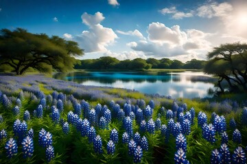 Wall Mural - Beautiful bluebonnets along a lake in the Texas Hill Country.