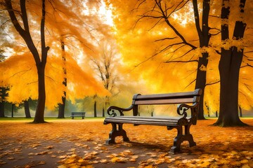 Wall Mural - Old wooden bench in the autumn park under colorful autumn trees with golden leaves.