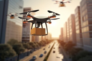 Canvas Print - Modern, futuristic tech concept smart drones efficient traffic management. Robotic drones equipped for smart packaging and parcel delivery, cutting edge technological advancements in drone industry.