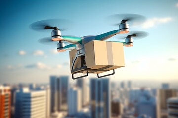 Wall Mural - Modern, futuristic tech concept smart drones efficient traffic management. Robotic drones equipped for smart packaging and parcel delivery, cutting edge technological advancements in drone industry.