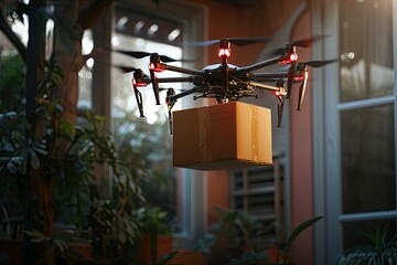 Canvas Print - Modern, futuristic tech concept smart drones efficient traffic management. Robotic drones equipped for smart packaging and parcel delivery, cutting edge technological advancements in drone industry.