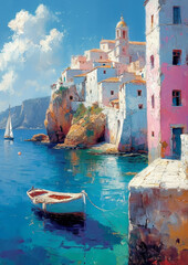 Canvas Print - Vibrant coastal painting of a Mediterranean village with clear blue waters and a moored boat.