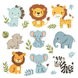 Fototapeta Pokój dzieciecy - creative cute cartoon safari animal set isolated on white background, learning, nursery room, books, card designs
