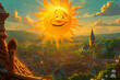 cartoon style: A joyful anthropomorphic sun