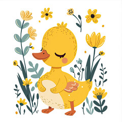 Wall Mural - Cute adorable baby duck with green tropical leaves. happy young little duck illustration. white background, Yellow feathers. Cartoon doodle of smiling duckling. Poster of fun farming kid