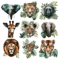 safari animals faces icon set , isolated on white background