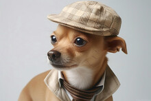 A Lovable Little Canine Companion Wearing A Hat And Stylish Outfit, Set Against A Pristine White Background, Exuding Charm.