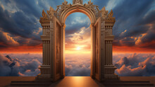 A Golden And Realistic Open Magical Door In Heaven. Beyond The Door, A Beautiful, Hopeful, Endless Blue Sky