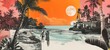 © Good moose - Vintage-style collage of a tropical beach scene with beachgoers and palm trees against an orange and blue sky with a full moon, exuding mid-century travel nostalgia.