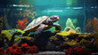 Red eared sea turtle in terrarium horizontal photo